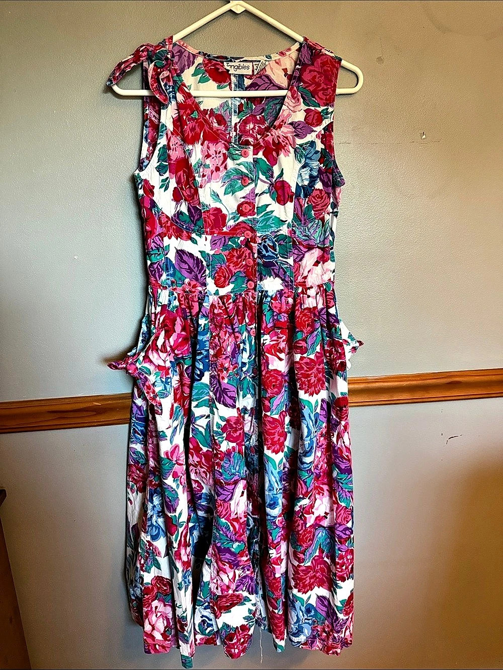 Vintage Tangibles 100% cotton Floral Midi Dress in Pink & White Size Medium